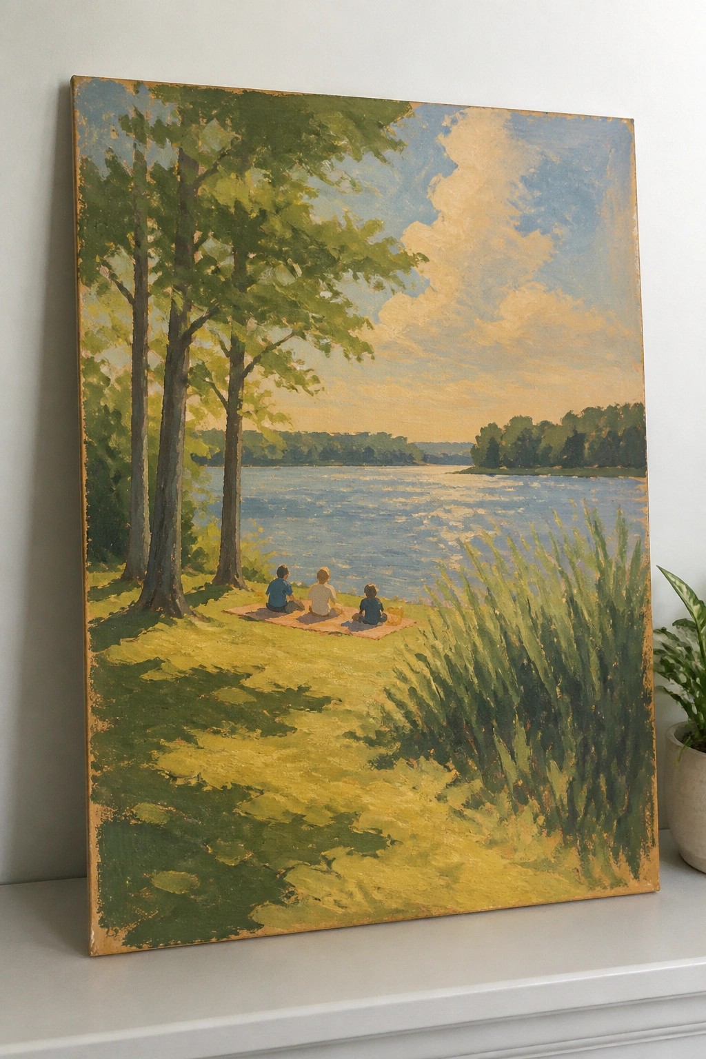 Three figures on a picnic blanket by a blue lake, trees casting shadows on grass.