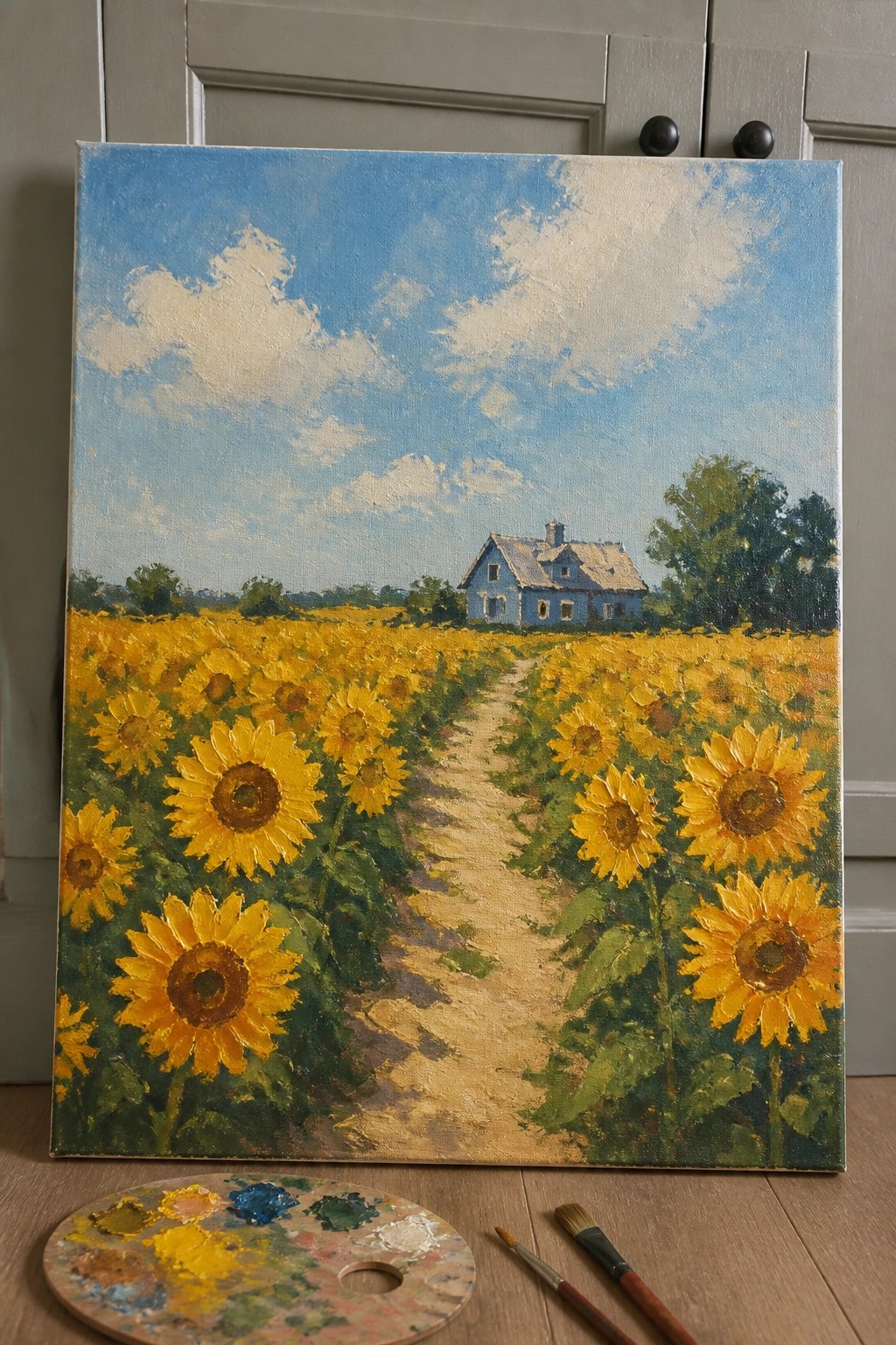 Impressionistic oil painting of sunflower field path to blue house, palette and brushes nearby
