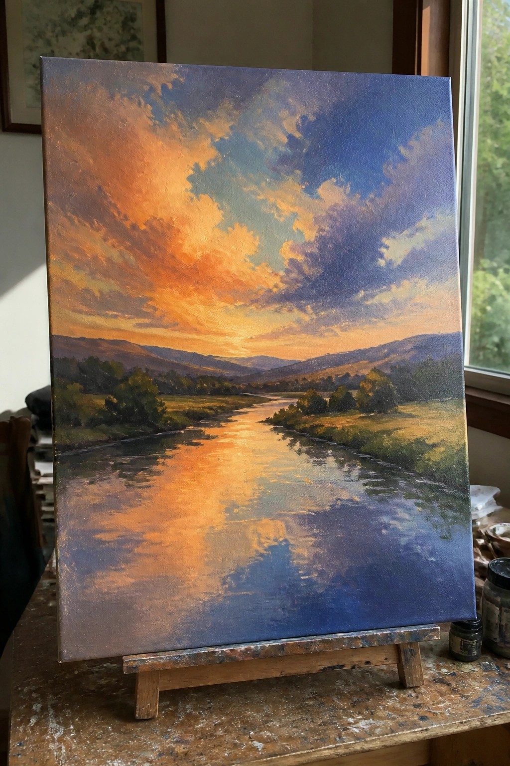 Colorful sunset landscape painting of river and hills on wooden easel