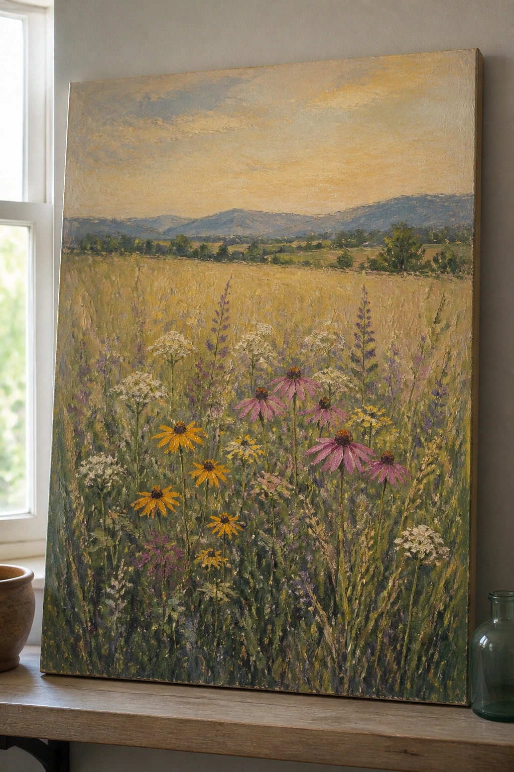 Painting of wildflower meadow with pink and yellow blooms, distant mountains on wooden ledge