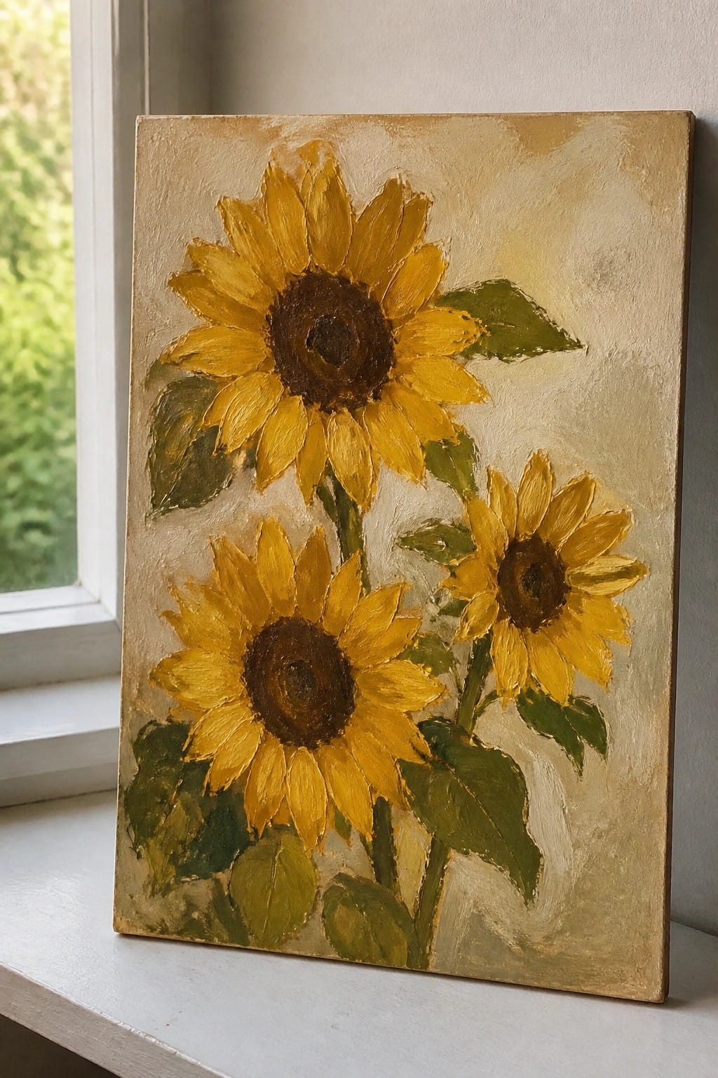 An oil painting of three yellow sunflowers with brown centers and green leaves on a light beige background.