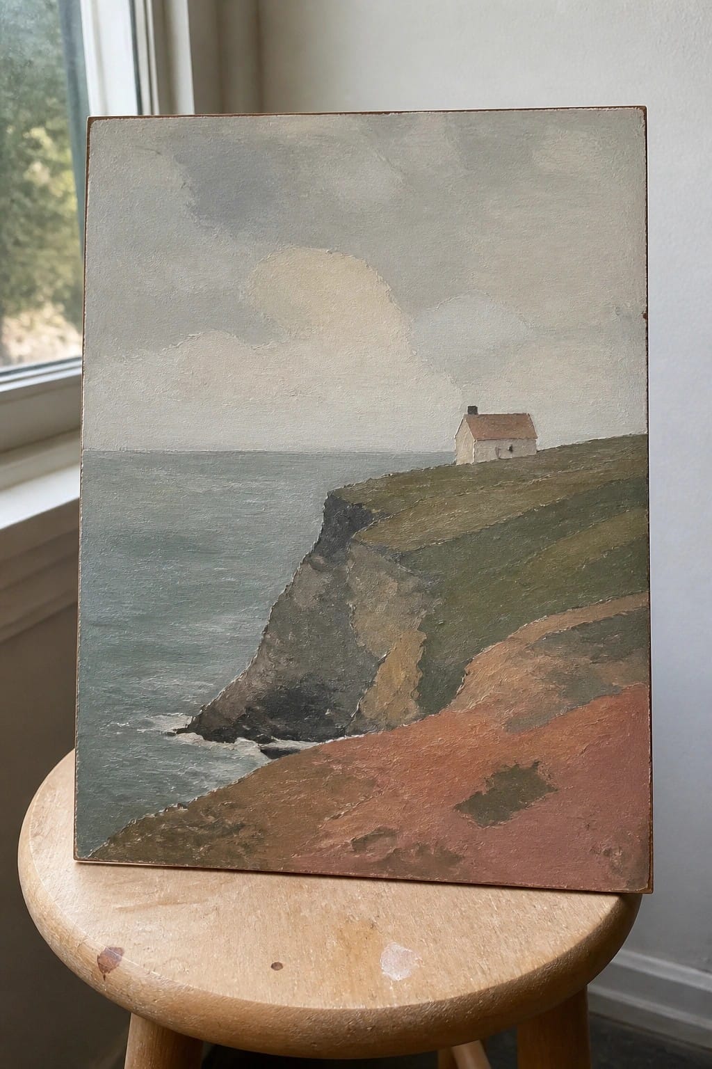 Seascape painting on wooden stool showing cliffside house above gray ocean