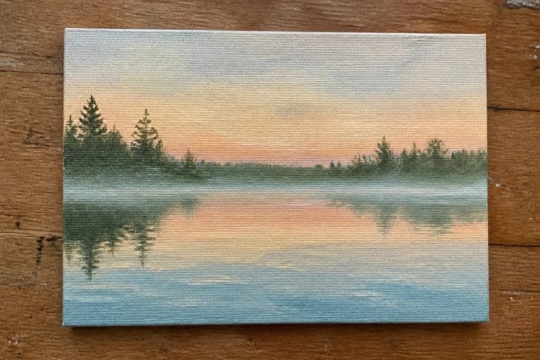 Colorful sunset painting on canvas with orange pink sky reflected in calm water with trees