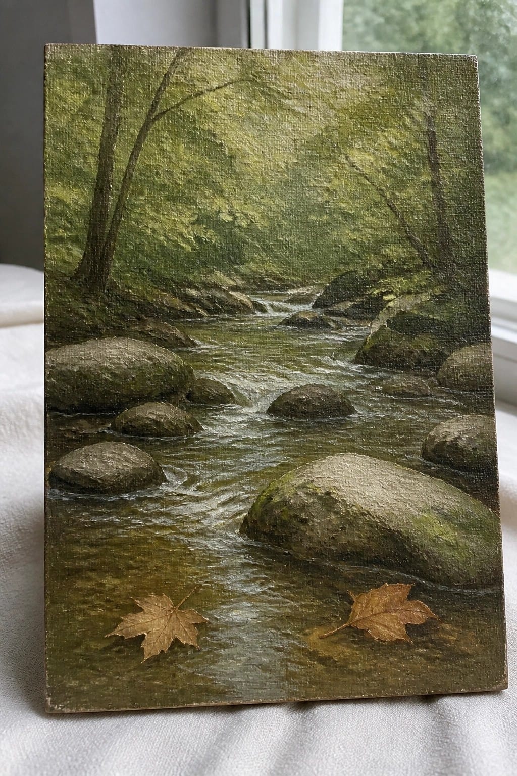 Oil painting of rocky stream winding through lush green forest with autumn leaves