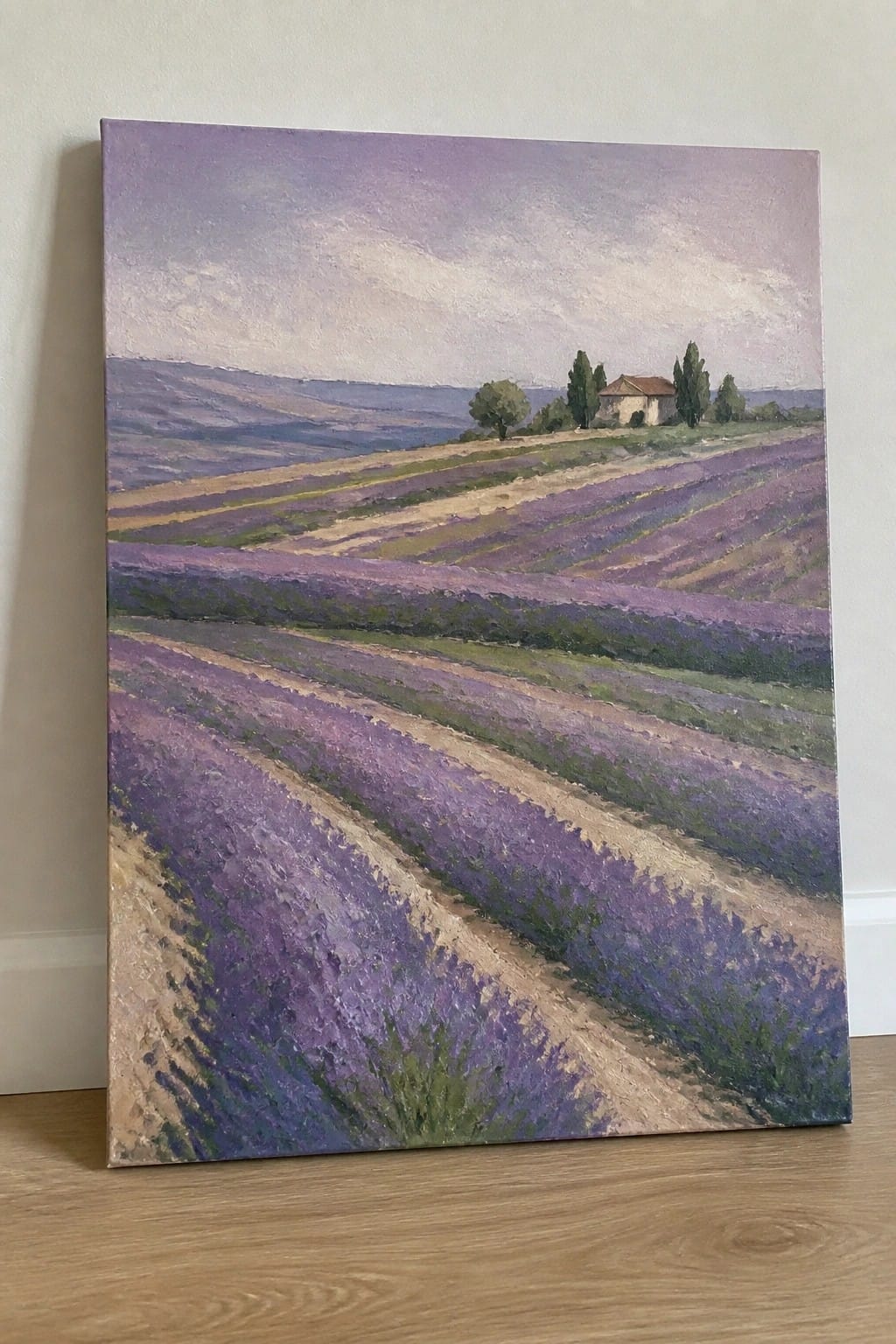 Oil painting of purple lavender fields curving toward a distant house amid rolling hills.