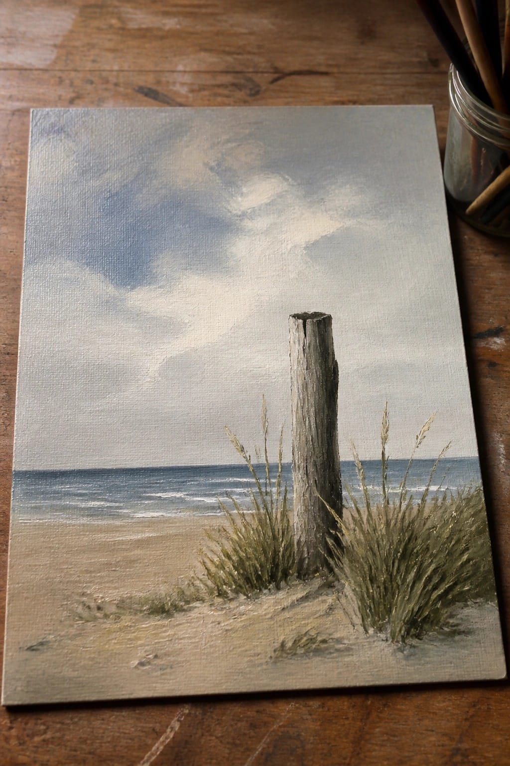 Oil painting of weathered post on sandy beach with grass, waves, and cloudy sky