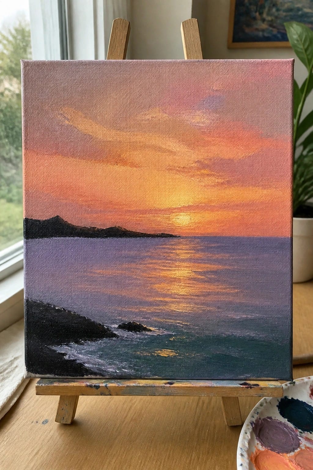 A small oil painting on a wooden easel depicts a sunset over the ocean with an orange-pink sky, purple water showing sun reflections, and dark silhouetted land along the left side and bottom.