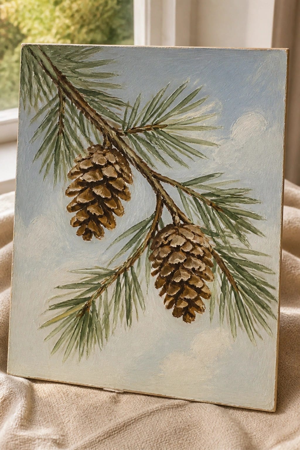 Painting of pine branch with two brown cones on light blue sky background