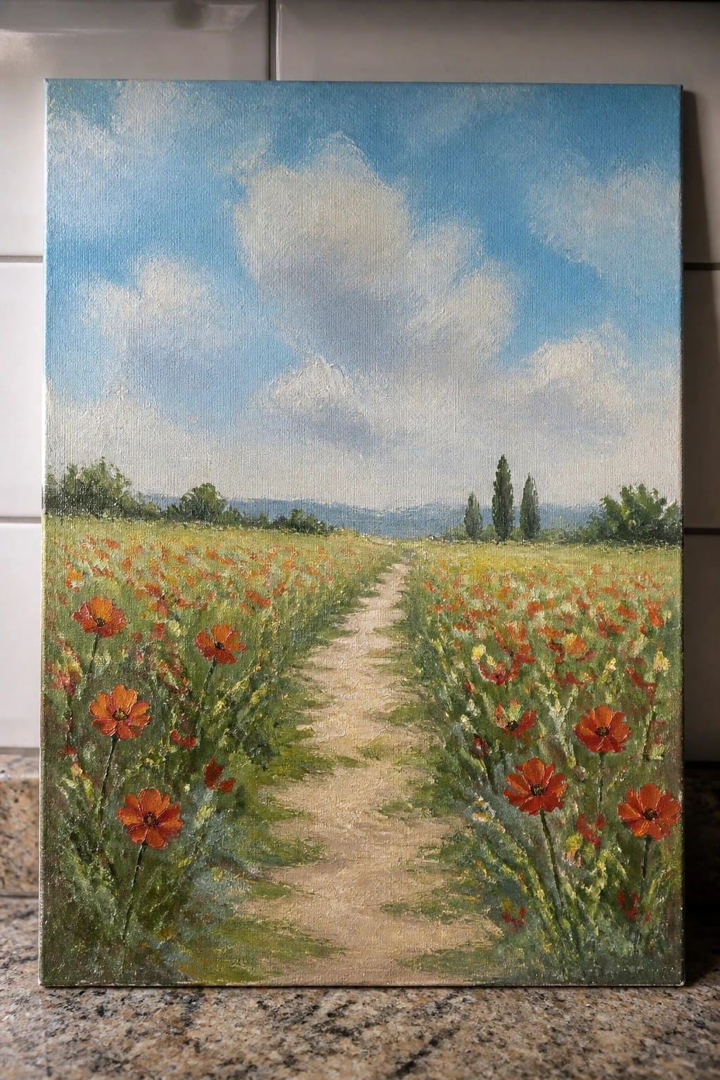 Oil painting of dirt path through blooming orange poppies under cloudy blue sky