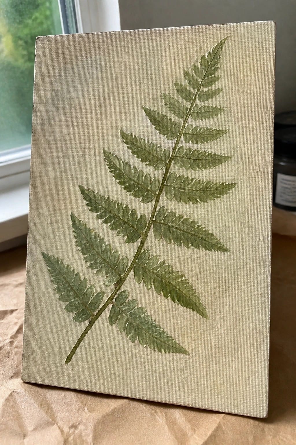 Green fern frond painted on textured beige canvas near window.