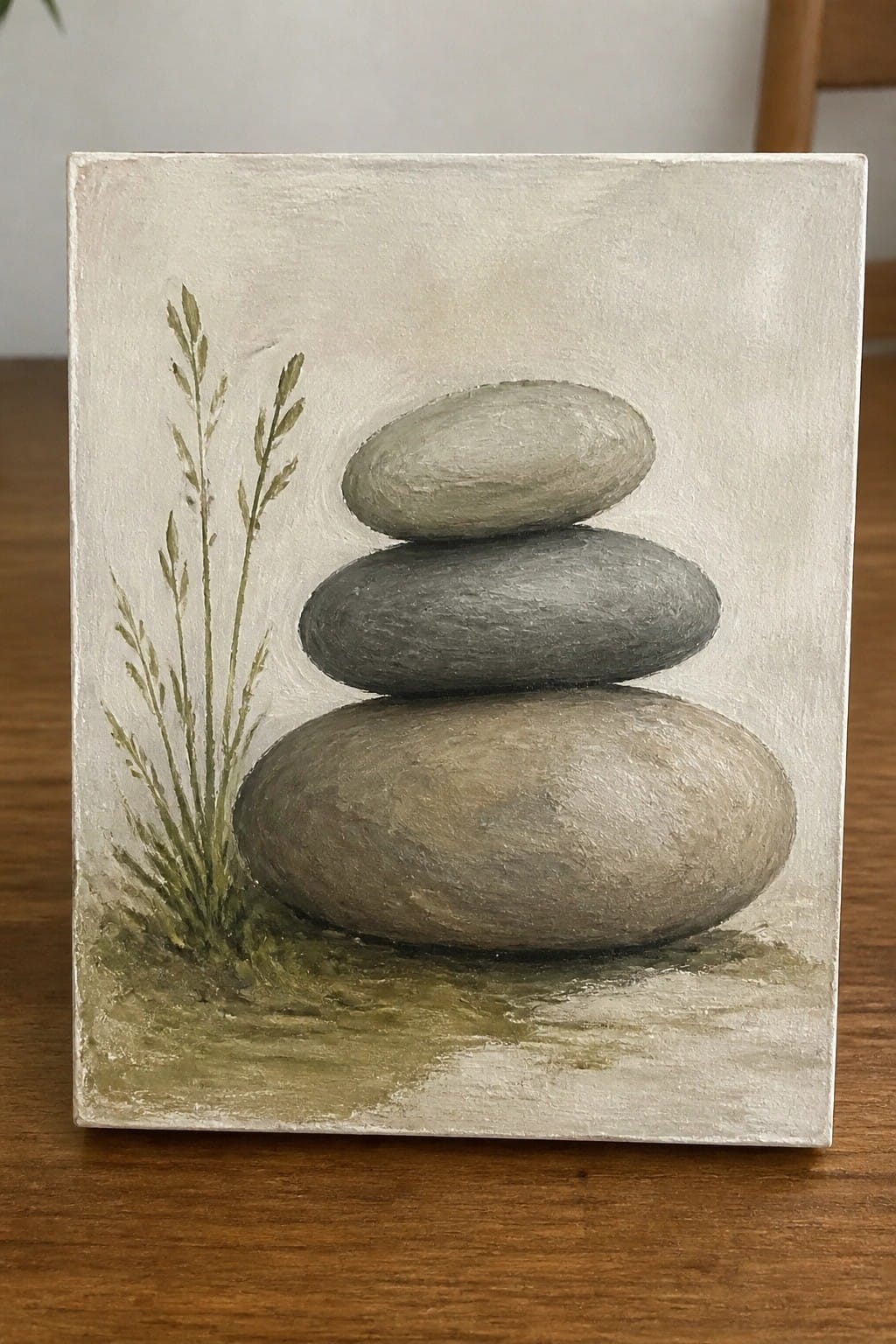 Three stacked oval stones beside green grass on textured canvas