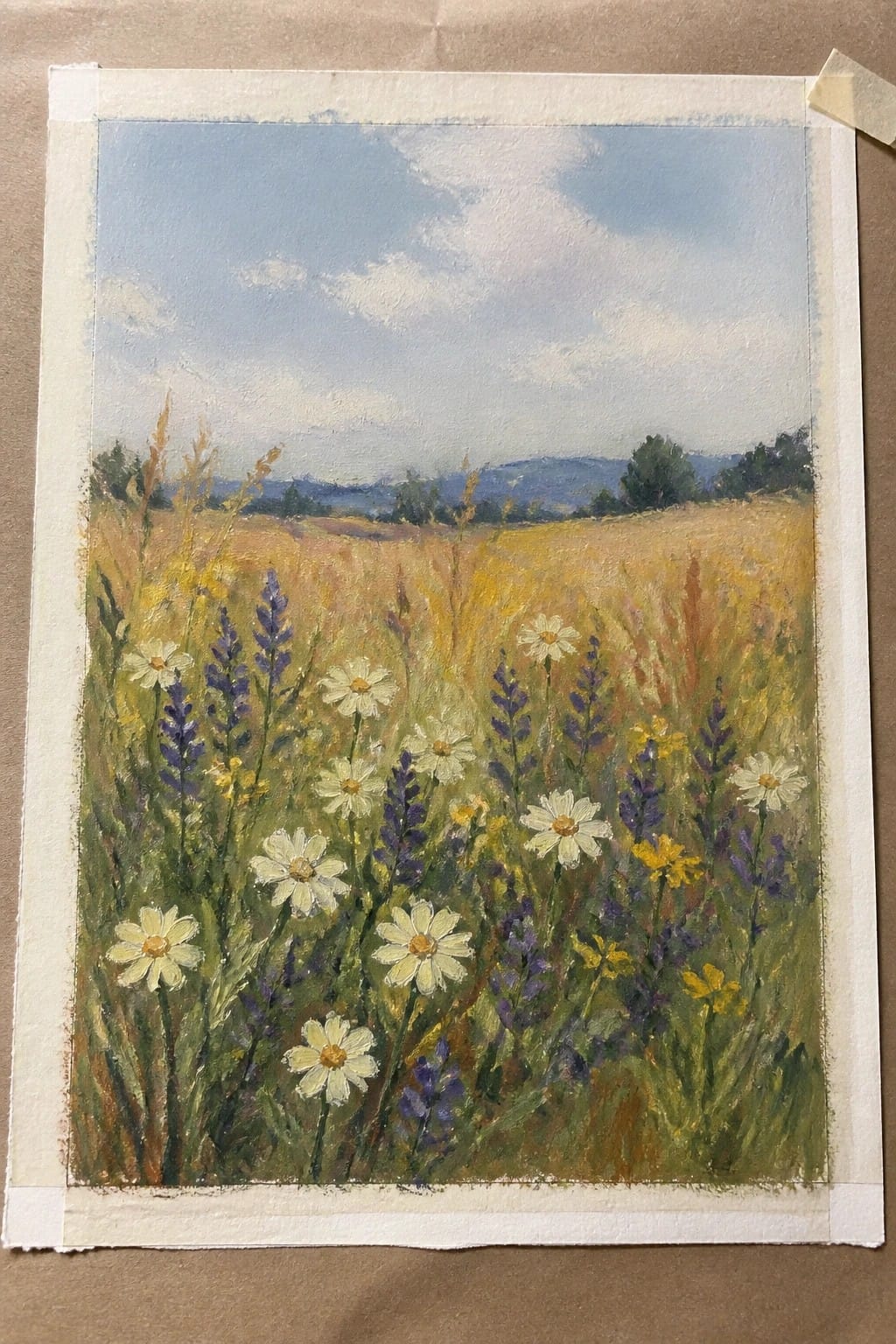 Impressionistic painting of white daisies and purple wildflowers in a golden meadow under blue skies.