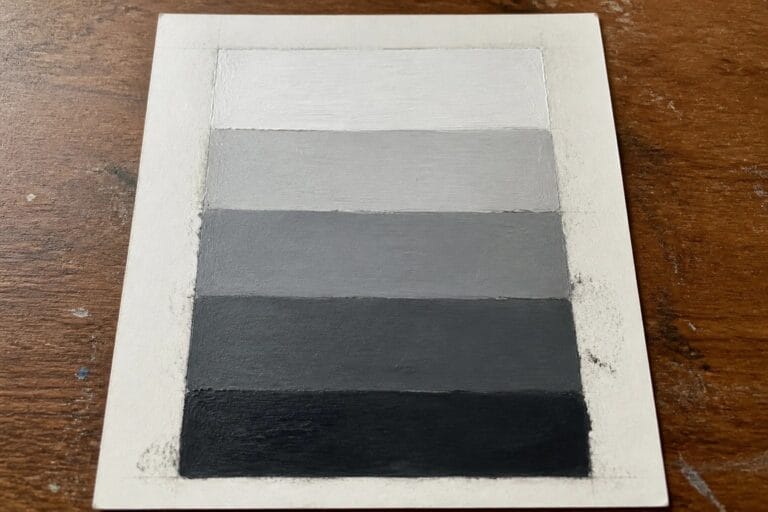 24 Smart Oil Painting Practice Ideas to Build Brush Control and Color Confidence Horizontal gradient painting with five shades of gray from white to black on wood.