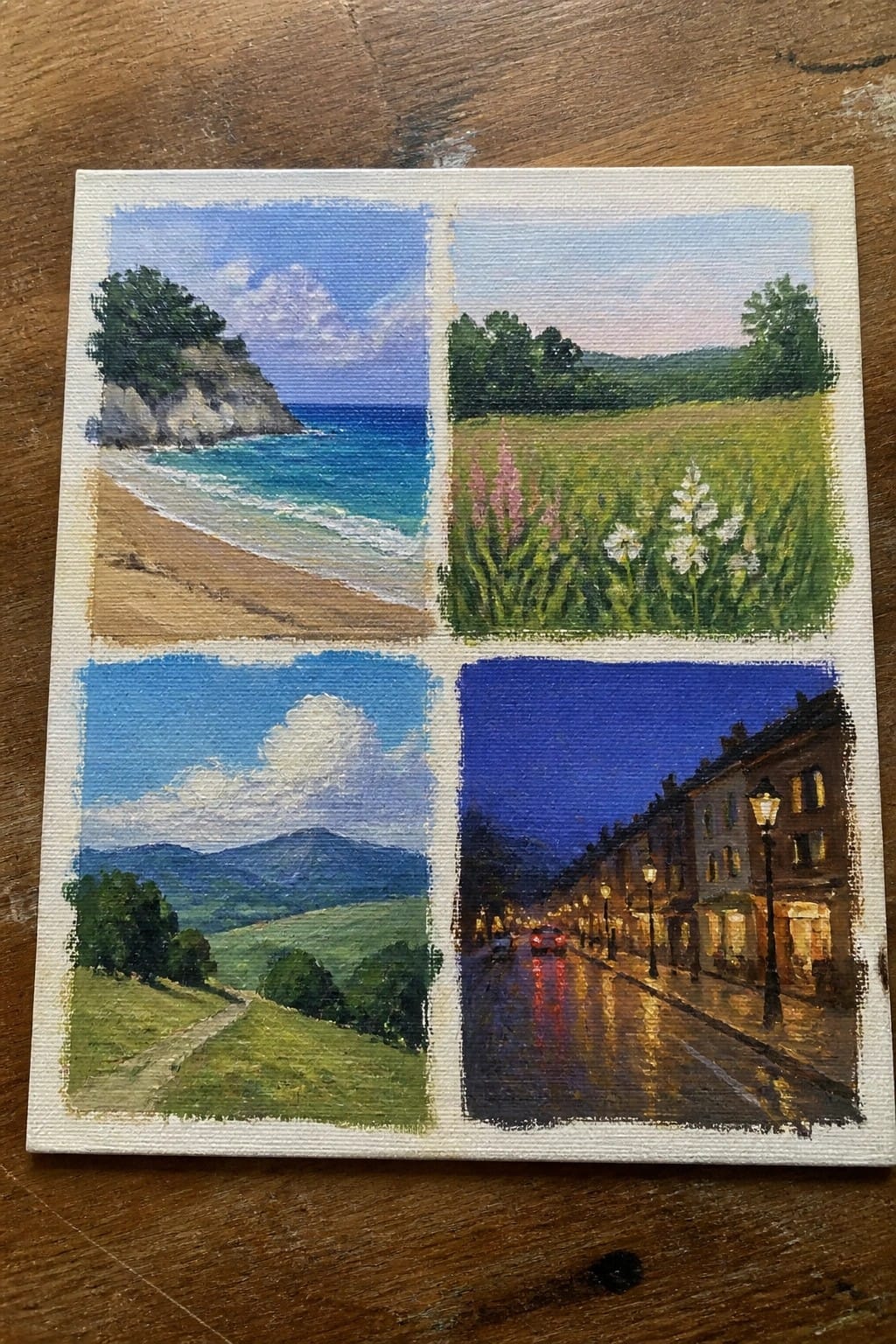 Four-quadrant canvas painting: beach, flower meadow, green hills, rainy night street.