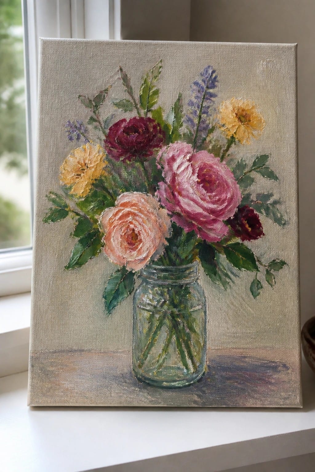 Oil painting of pink roses and colorful flowers in a glass mason jar on a sill