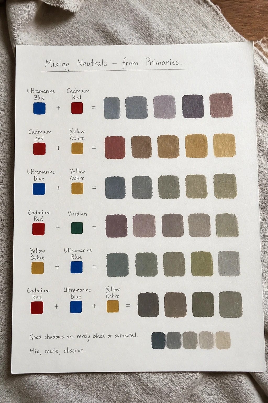 Handwritten watercolor chart mixing primaries into neutral tones on paper over fabric