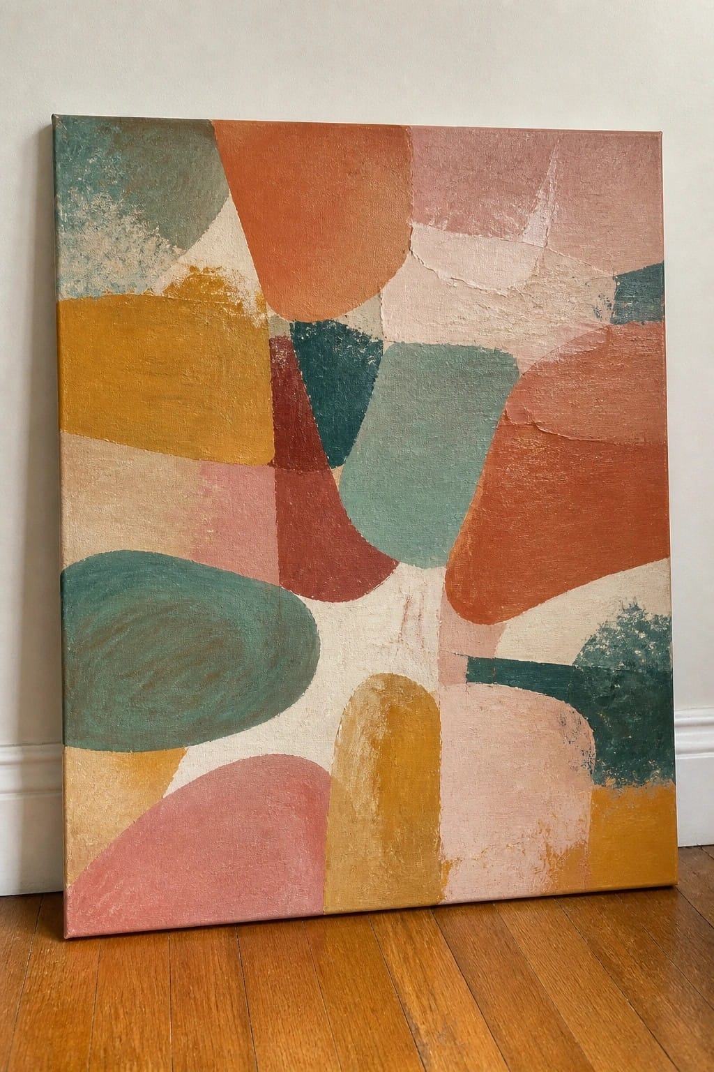Abstract painting with colorful curved shapes in teal, orange, pink, and yellow on canvas against wall.