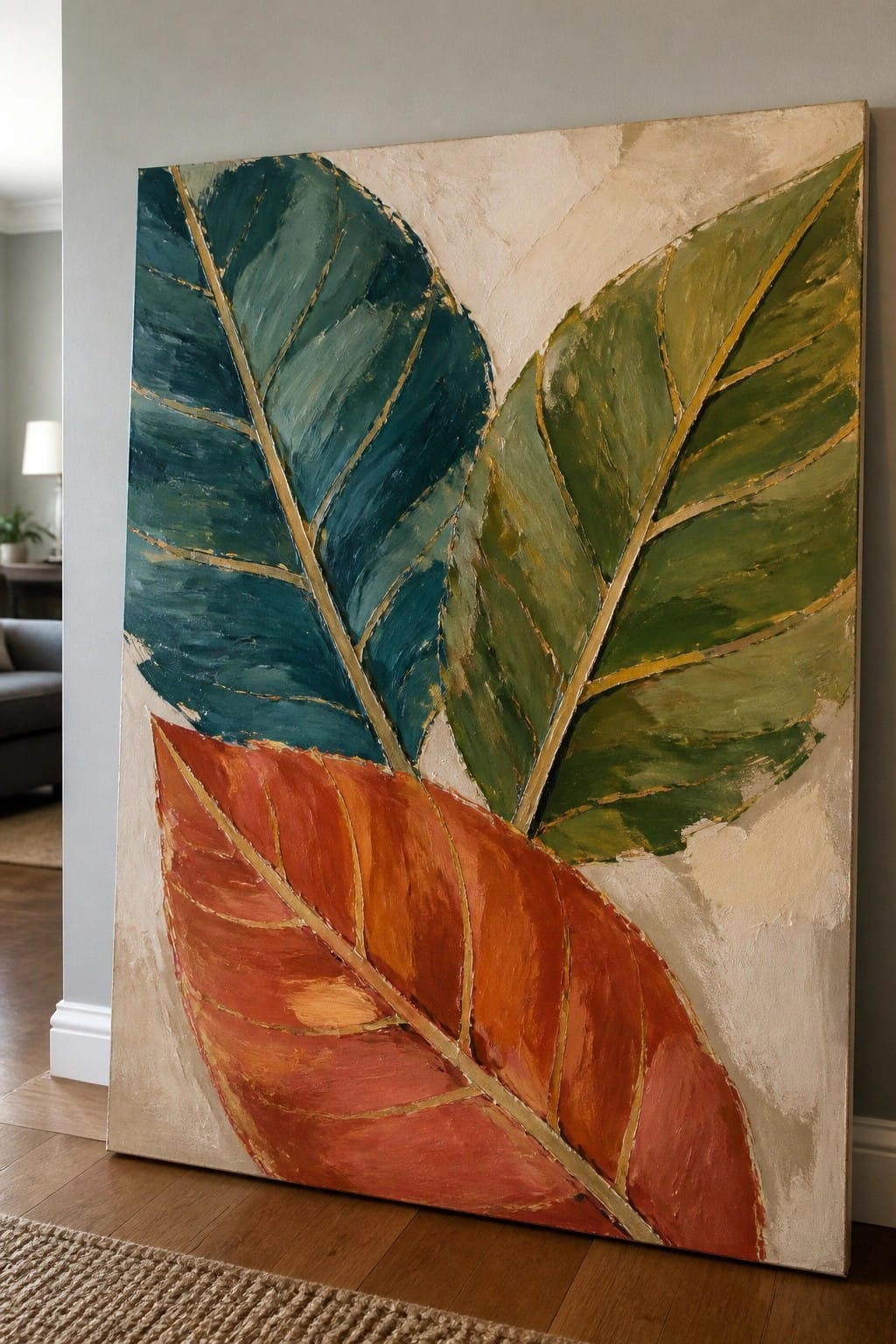 Large abstract painting of three leaves in teal, green, and orange with gold veins