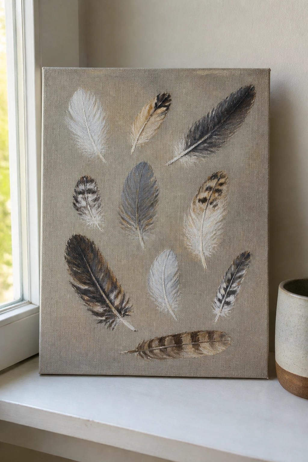 Canvas of painted feathers in neutral tones on windowsill beside ceramic mug