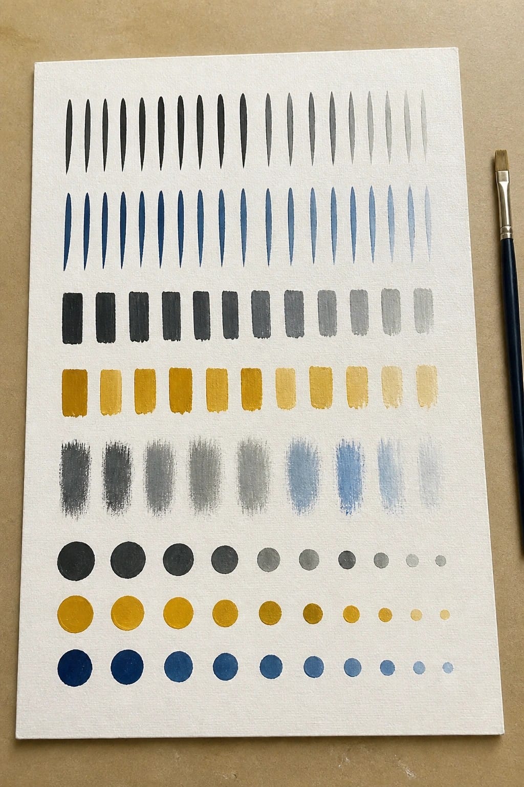 A white canvas shows rows of oil paint value scales in black, blue, gray, and yellow using vertical lines, rectangles, smudged strokes, and circles that fade from dark to light, with a paintbrush on the right.