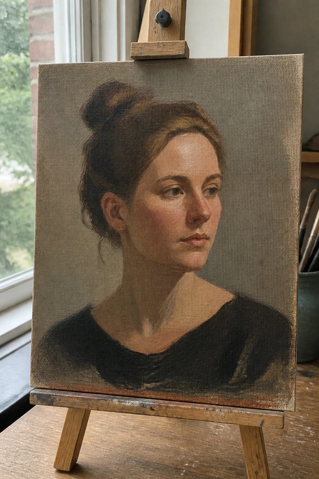 Realistic portrait of a woman with hair in a bun on a wooden easel