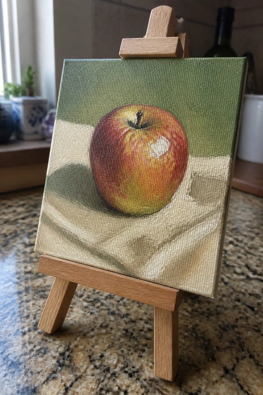 Small wooden easel displaying canvas painting of red apple on beige cloth