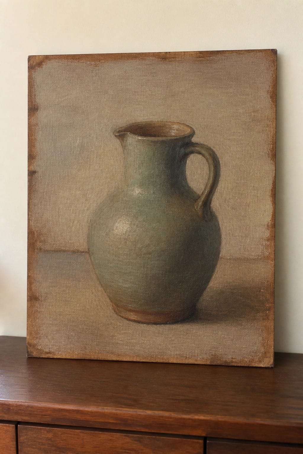 An oil painting of a green ceramic pitcher with a handle resting on a wooden surface against a plain textured background.