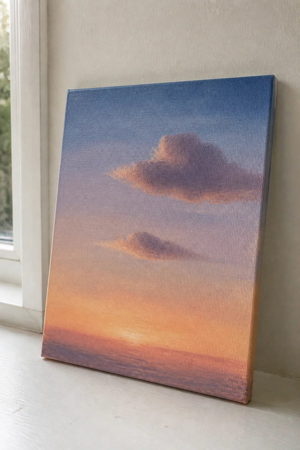 Canvas painting of sunset over ocean with purple clouds by window