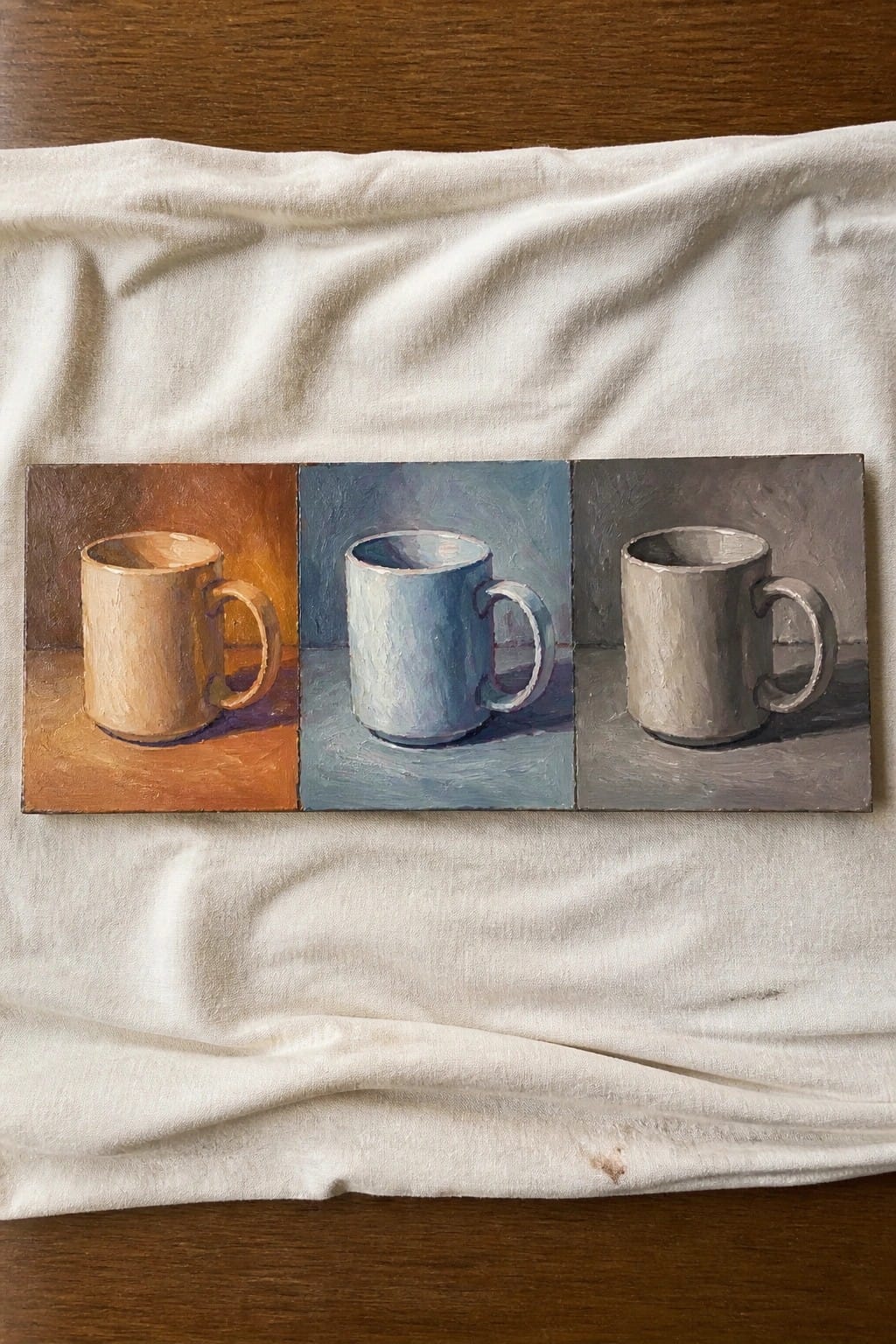 Triptych painting of orange, blue, and gray mugs on white draped cloth.