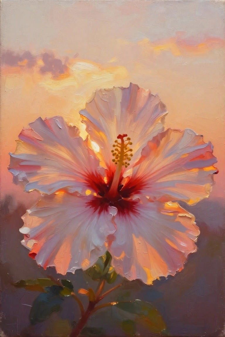 Oil painting of a large hibiscus flower with white and pink petals, red center, and green leaves against a soft orange and pink sky.