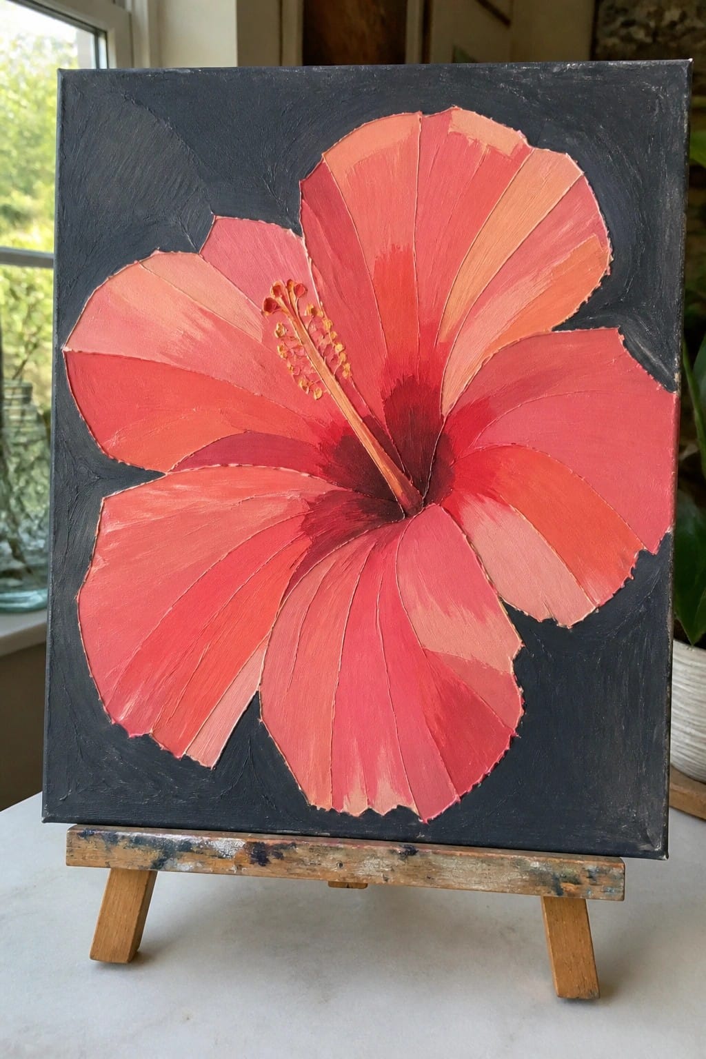 Red hibiscus flower painting with thick brushstrokes on black canvas on wooden easel