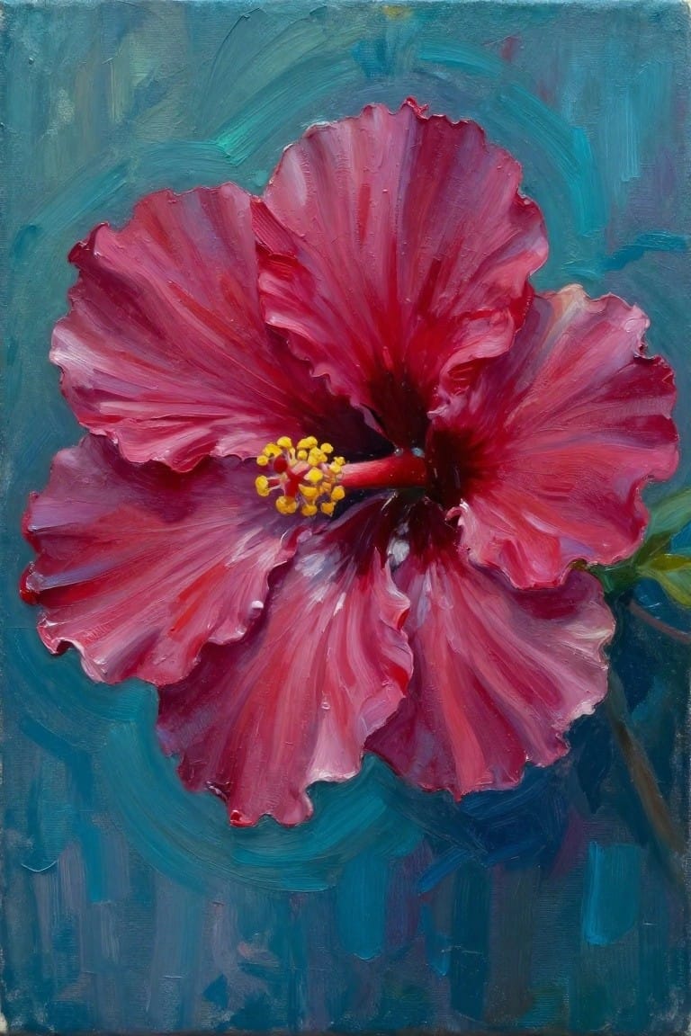 Vibrant red hibiscus flower with yellow stamens on teal painted background