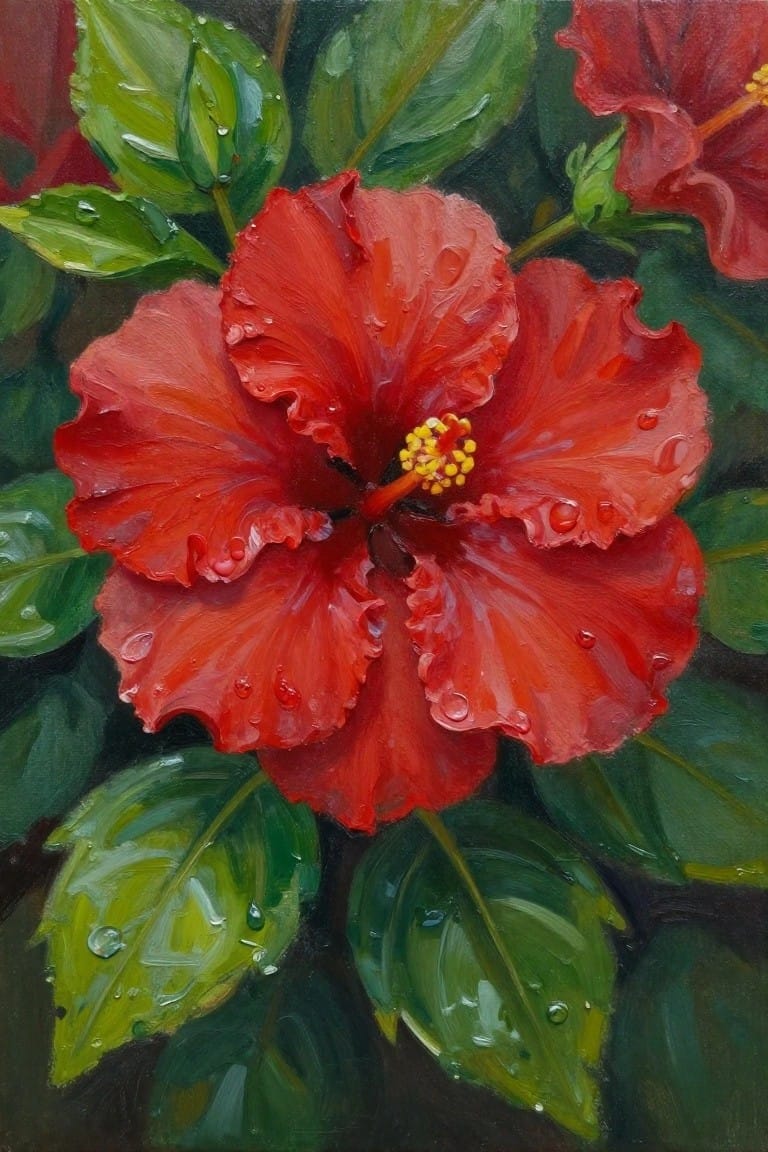 Vibrant red hibiscus flowers with dew drops on lush green leaves in oil painting