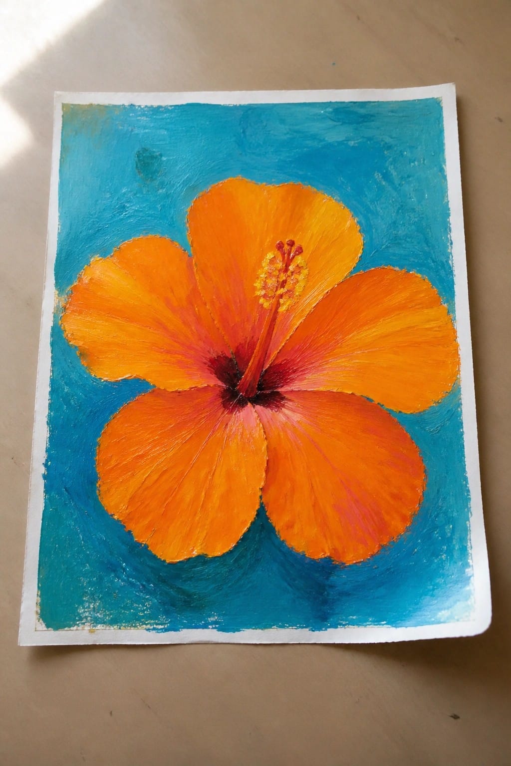 Vibrant orange hibiscus flower painting with yellow center on turquoise background
