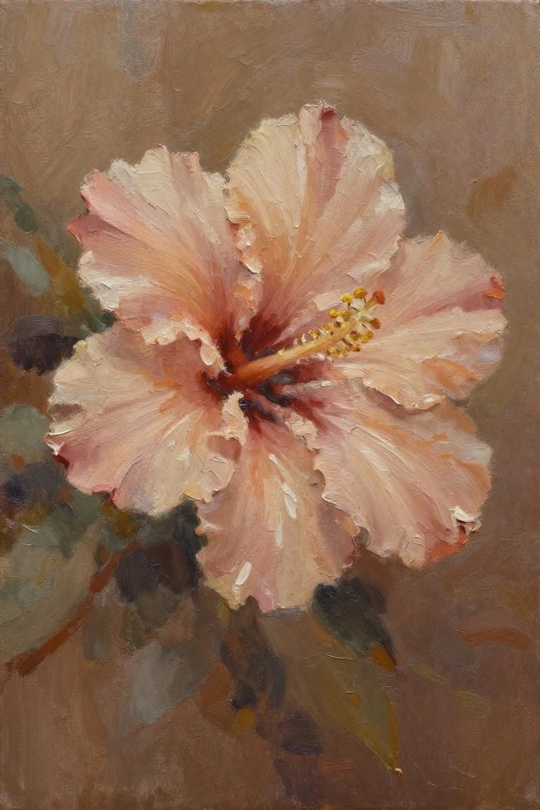 An oil painting of a light pink hibiscus flower centered on a brown background with visible brushstrokes.
