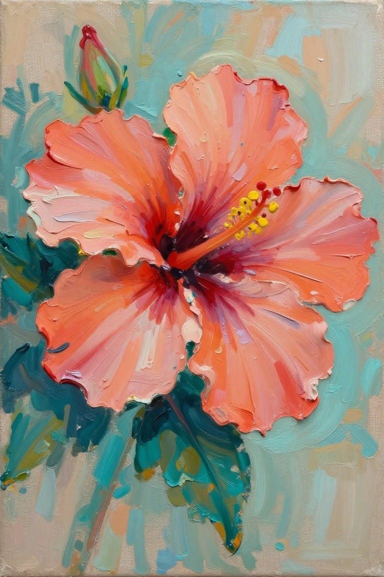 Large coral hibiscus flower with thick brushstrokes and yellow stamens on teal background