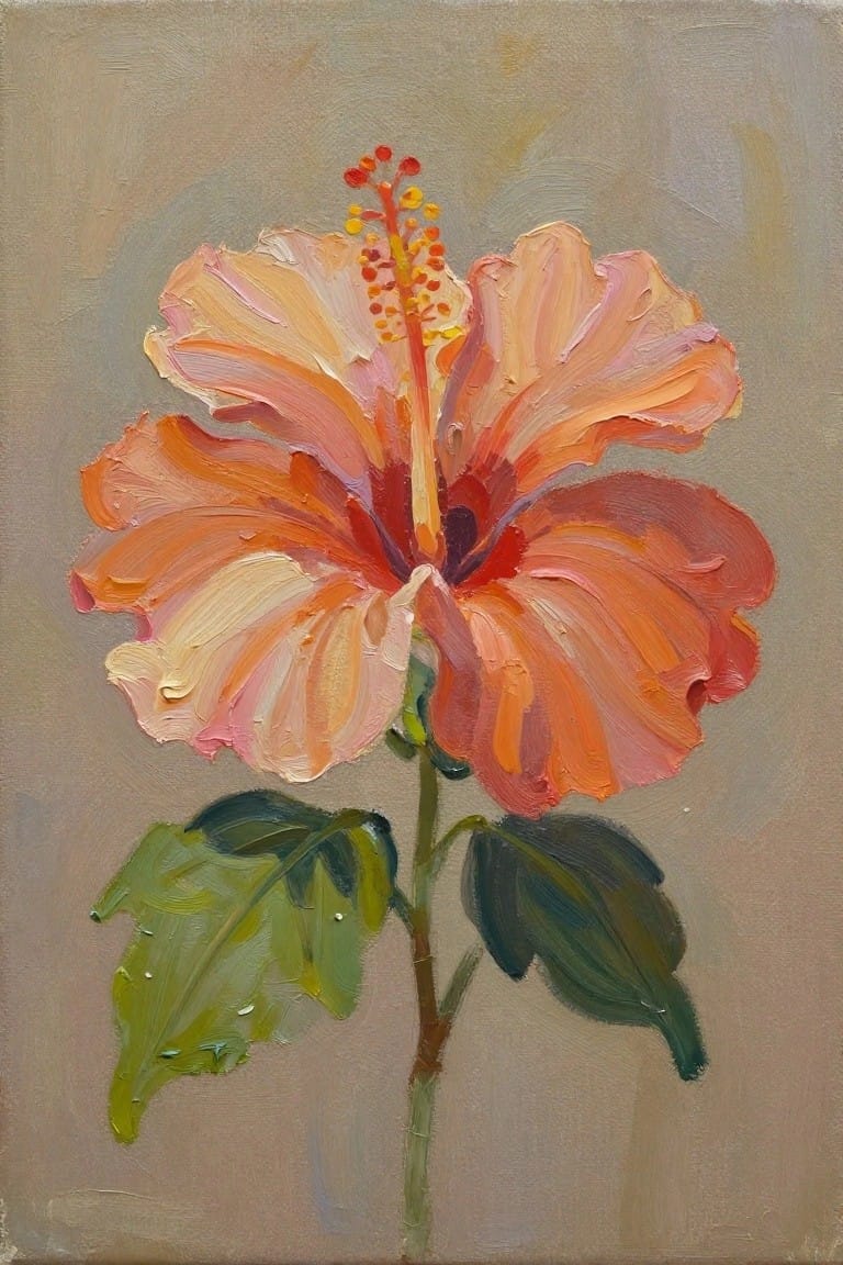 Textured oil painting of vibrant orange-pink hibiscus with red stamens and green leaves