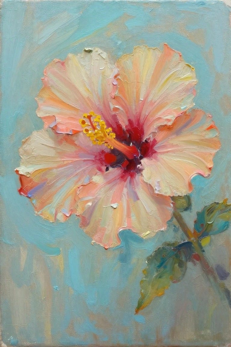 Large peach-pink hibiscus bloom with yellow stamens on textured blue background