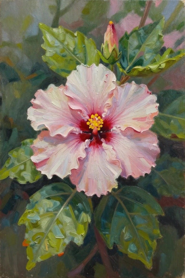 Textured oil painting of large pink hibiscus bloom with red center and green leaves.