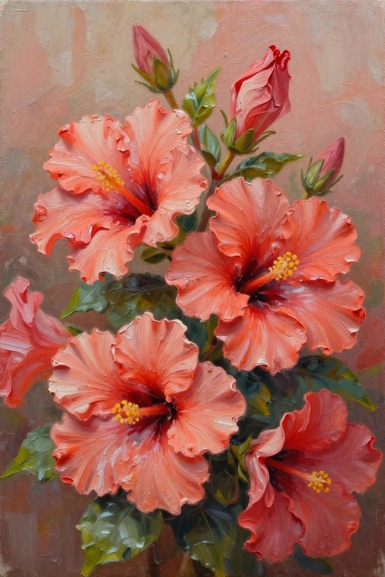 An oil painting of several coral hibiscus flowers with yellow centers, green leaves, and pink buds on a soft neutral background.