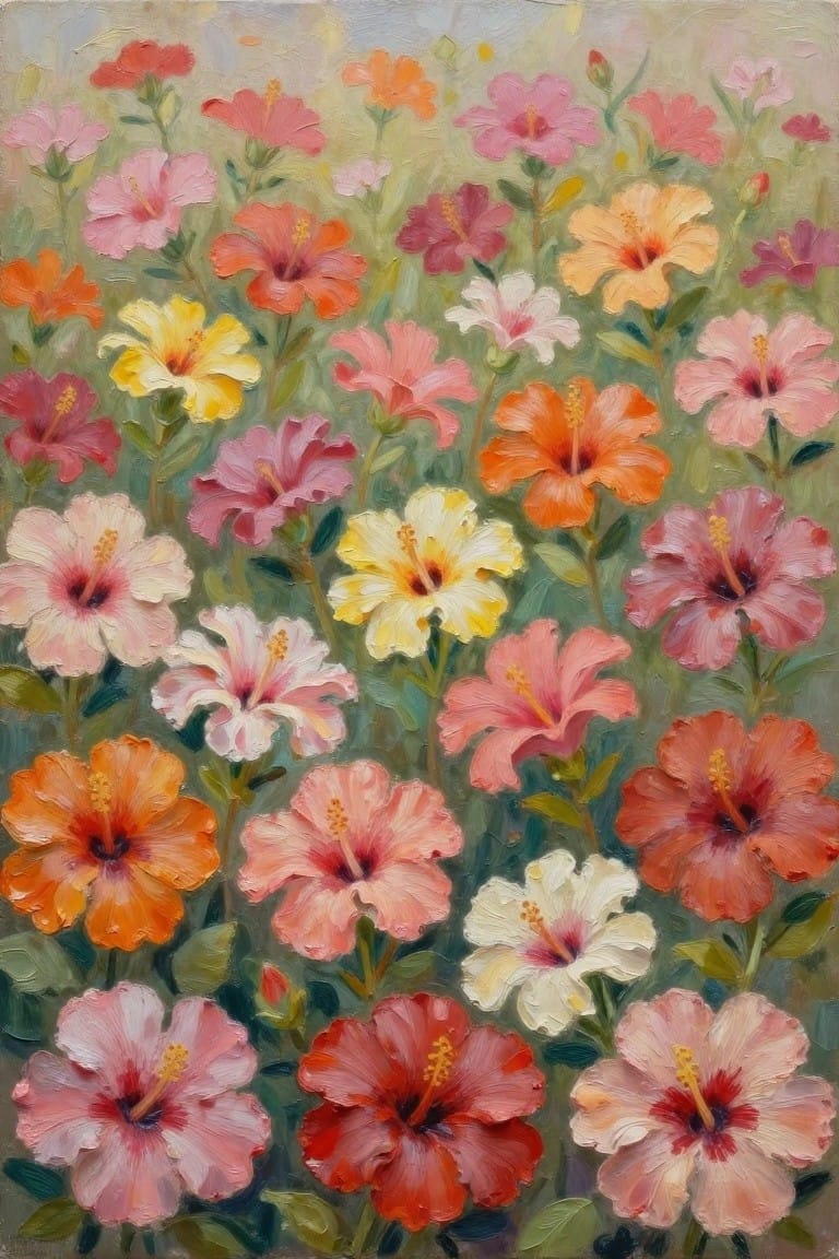 An oil painting filled with many overlapping hibiscus flowers in pink, orange, yellow, red, and white against soft green foliage.