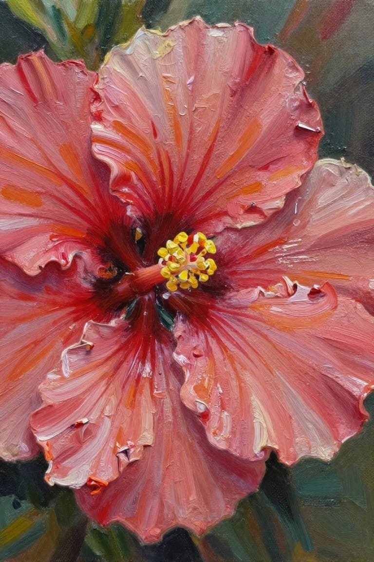 Vibrant red hibiscus bloom with yellow stamens in thick textured brushstrokes.