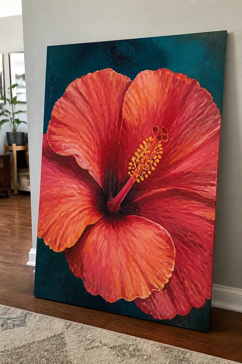 Large red hibiscus flower painting on teal background propped in a room
