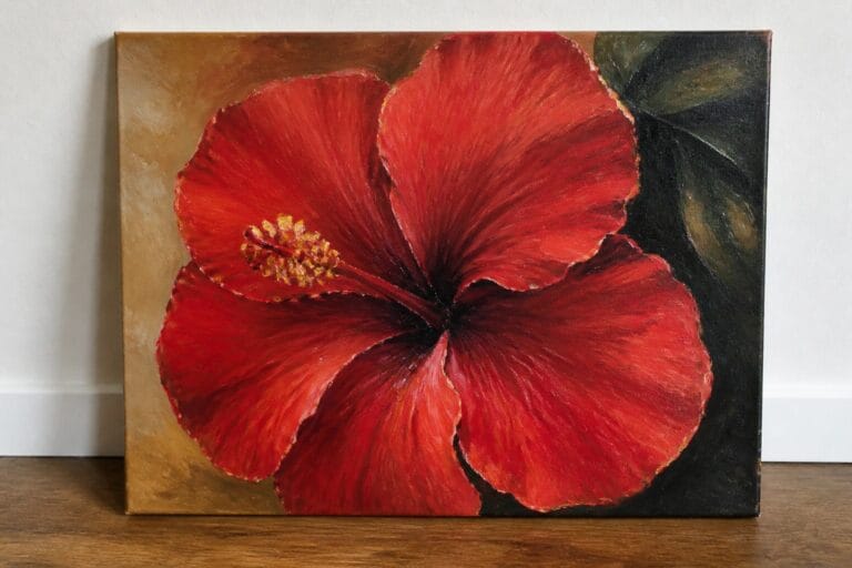 Large red hibiscus flower painting with green leaves on canvas