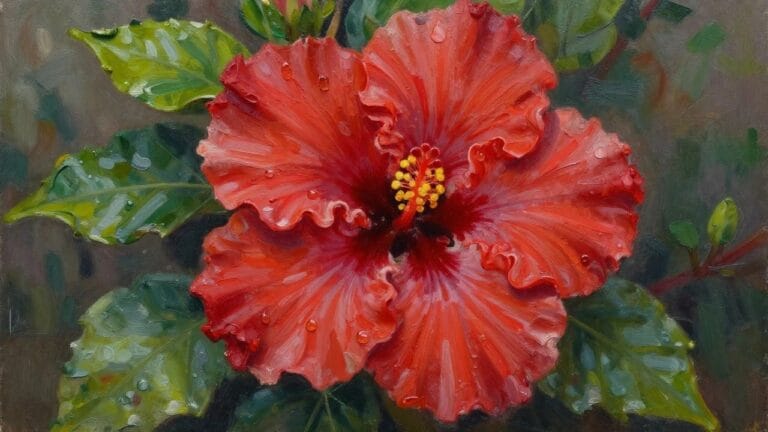 24 Striking Hibiscus Flower Oil Painting Ideas for Bold Tropical Artwork Vibrant red hibiscus flowers with dew drops on lush green leaves in oil painting