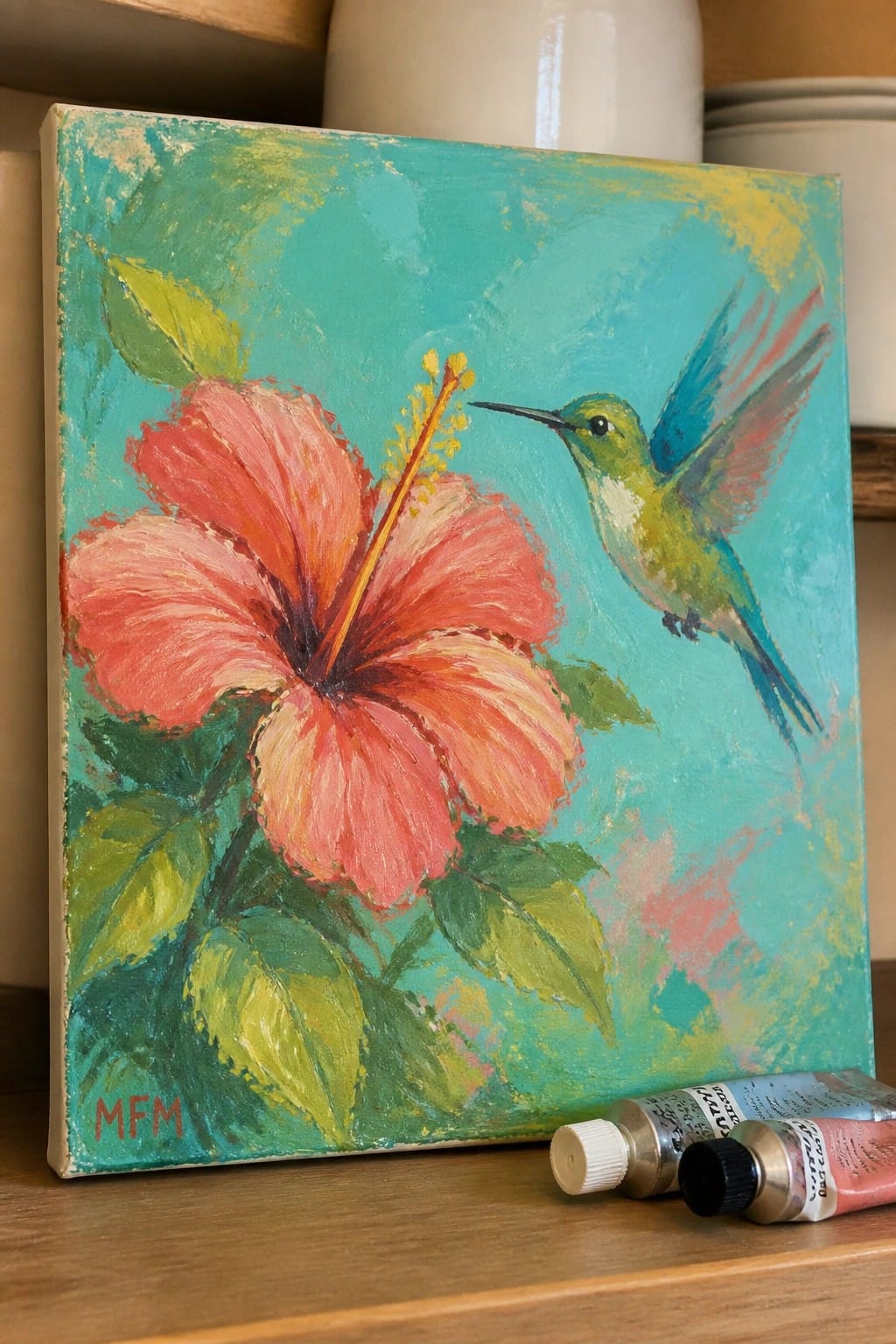 Colorful painting of pink hibiscus flower and hummingbird on turquoise canvas with paint tubes