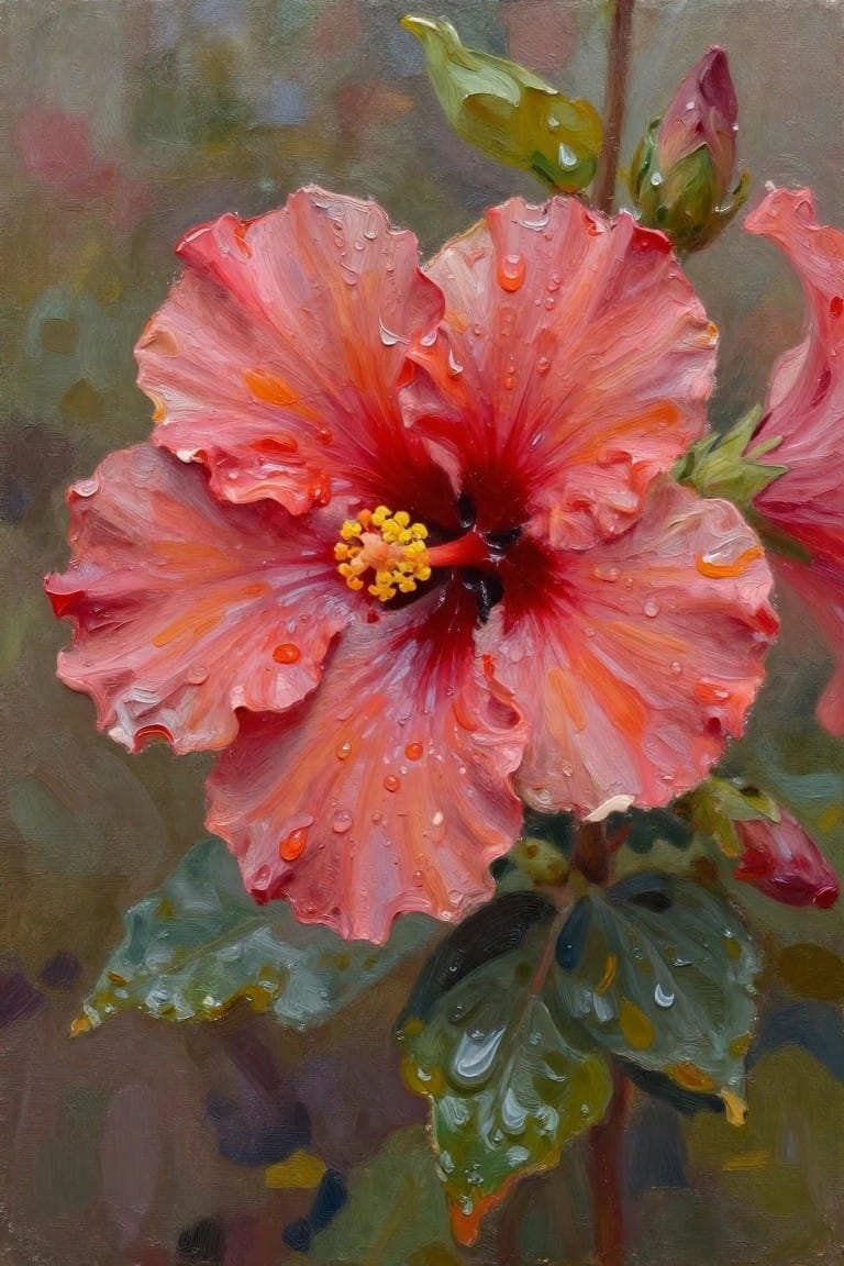 Dew-covered pink hibiscus bloom with yellow stamens amid green leaves in oil painting