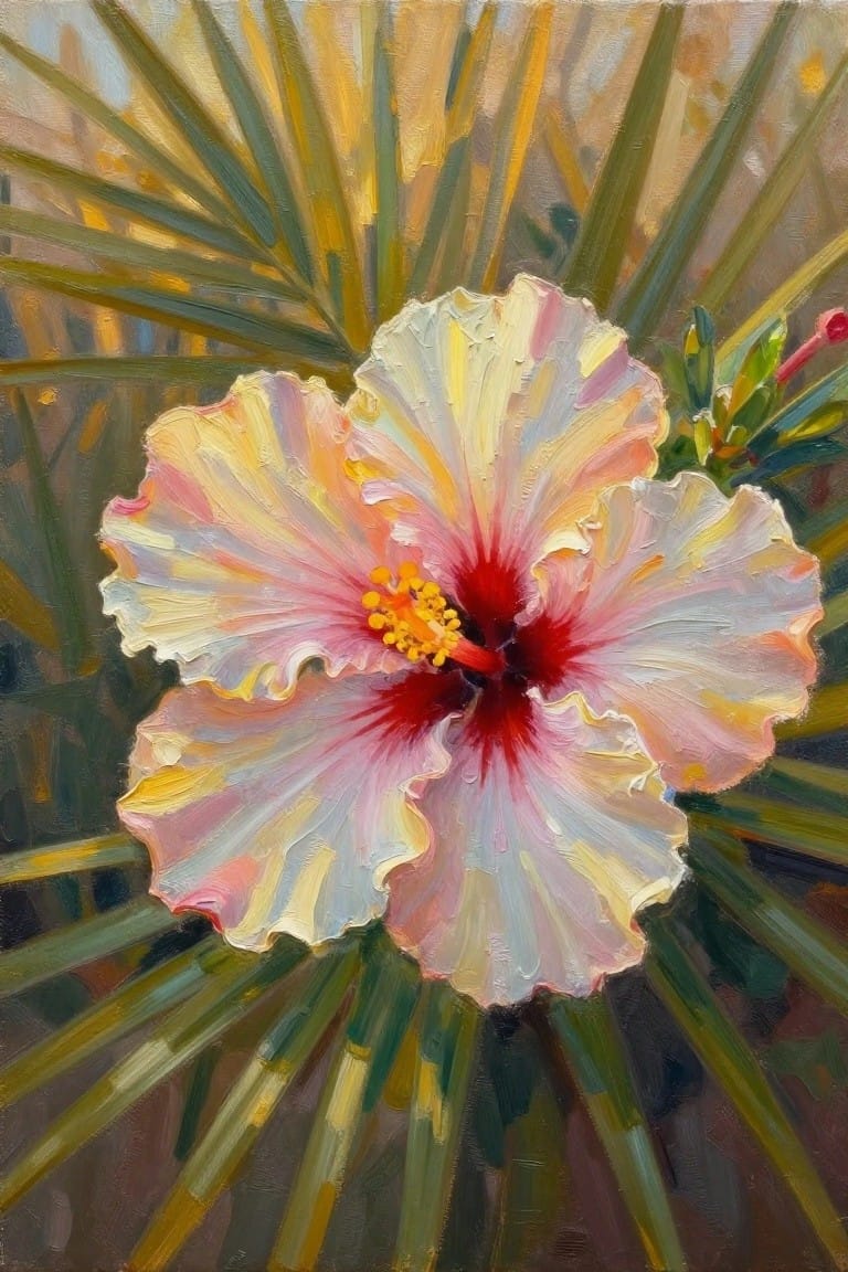 Thickly painted pink hibiscus flower with red center and yellow stamens on green background.