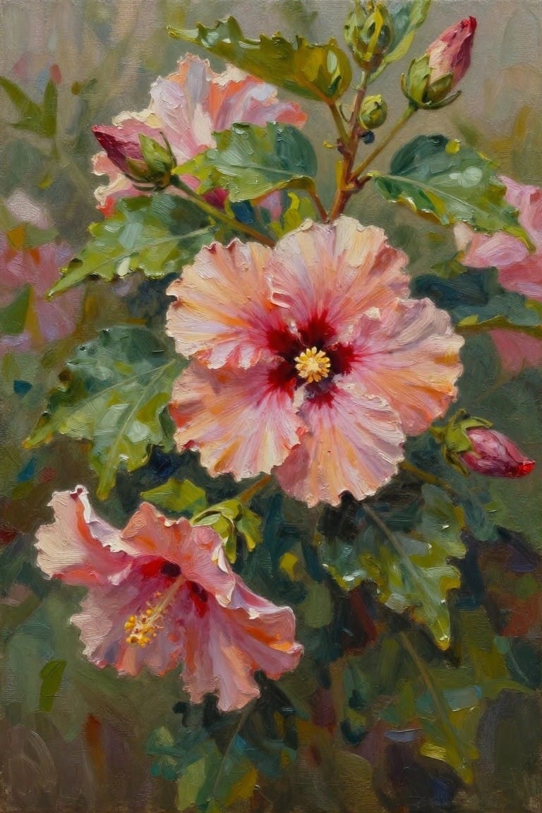 Vibrant pink hibiscus flowers with red centers amid green leaves and buds.