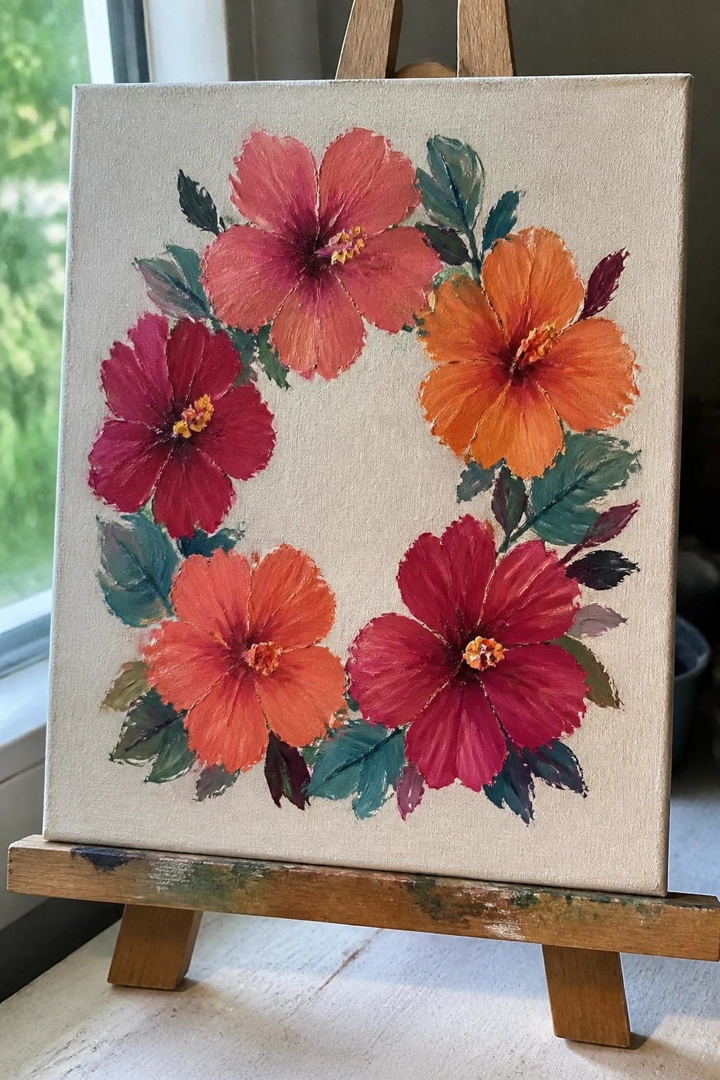 Vibrant red and orange hibiscus flowers painted in a circular wreath on canvas.